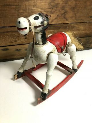 Vintage Wooden Rocking Horse Wind Up Music Box Enesco Old Toy 1980s