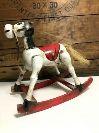 Vintage Wooden Rocking Horse Wind Up Music Box Enesco Old Toy 1980s 3