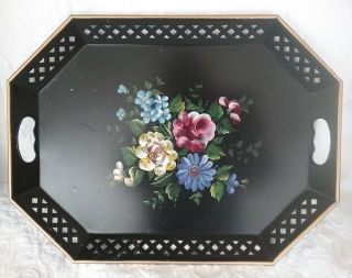 Vintage Large Nashco Toleware Hand Painted Floral Metal 20 " Table Tray Cut Outs
