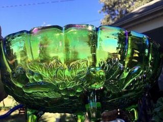 Antique Vintage Stunning Pedestal Green Carnival Glass Fruit Bowl Fenton Unique