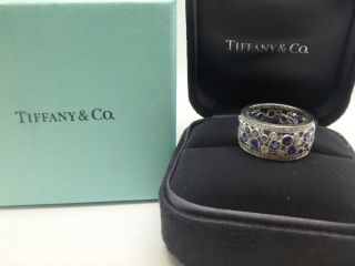Tiffany & Co.  Platinum,  Diamond And Blue Sapphire Cobblestone Band Ring Size 5.  5