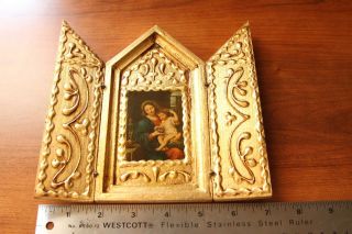 Raised Gold Gilt Gesso Tole Wood Italian Florentine Madonna Triptych Icon