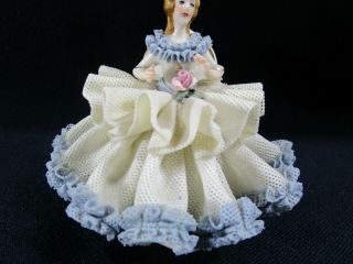 ANTIQUE DRESDEN FIGURINE GERMAN BLUE LACE PORCELAIN LADY /W FAN 3