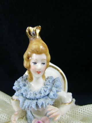 ANTIQUE DRESDEN FIGURINE GERMAN BLUE LACE PORCELAIN LADY /W FAN 4