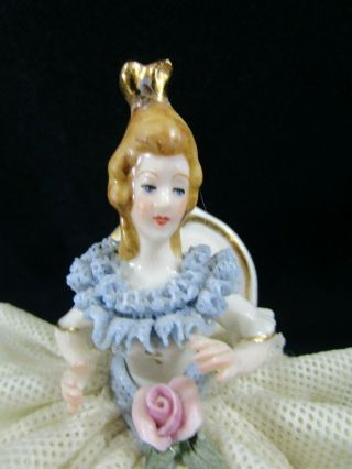 ANTIQUE DRESDEN FIGURINE GERMAN BLUE LACE PORCELAIN LADY /W FAN 5