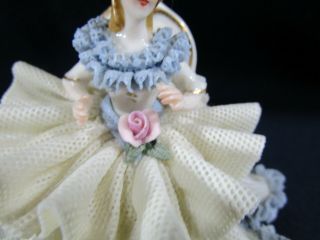 ANTIQUE DRESDEN FIGURINE GERMAN BLUE LACE PORCELAIN LADY /W FAN 6