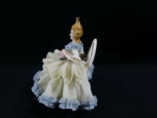 ANTIQUE DRESDEN FIGURINE GERMAN BLUE LACE PORCELAIN LADY /W FAN 8