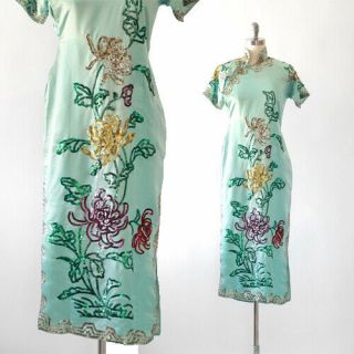 Vintage 50s Cheongsam Blue Silk Oriental Floral Sequin Dress Xs
