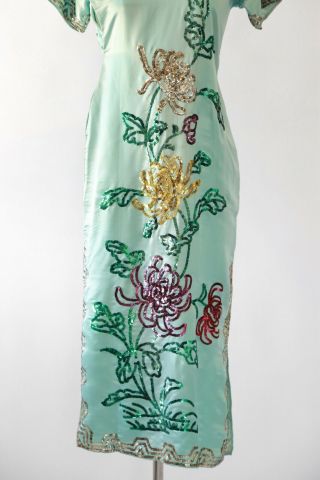 Vintage 50s Cheongsam blue silk Oriental floral sequin dress XS 3