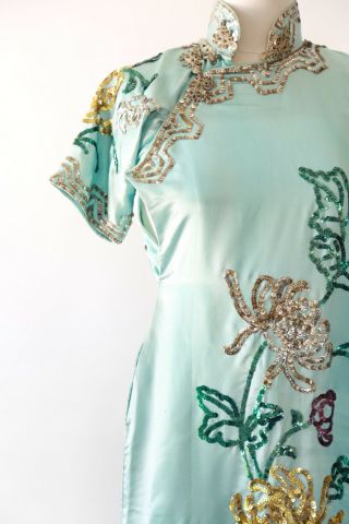 Vintage 50s Cheongsam blue silk Oriental floral sequin dress XS 4