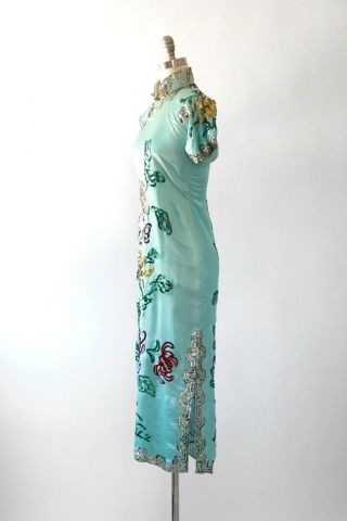 Vintage 50s Cheongsam blue silk Oriental floral sequin dress XS 8