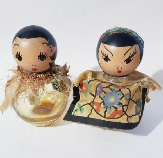 Antique Early Wood Japanese Kokeshi Doll Head Glass Perfume Bottle Set.