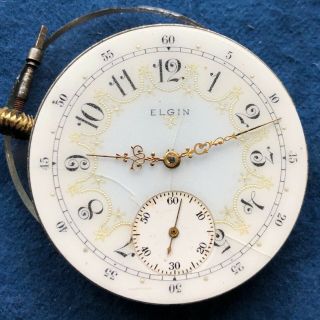 16s Elgin Pocket Watch Movement - Fancy Dial,  Three Finger Bridge,  17 Jewel