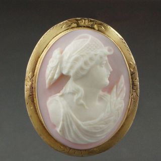 Large Vintage Engraved Solid Gold & Pink Coral Carved Cameo Pin Brooch Pendant