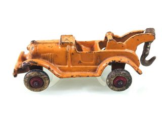 Hubley Rare Orange Cast Iron Service Car Wrecker Tow Truck,  Rubber & Wood Wheels