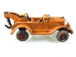 HUBLEY RARE ORANGE CAST IRON SERVICE CAR WRECKER TOW TRUCK,  RUBBER & WOOD WHEELS 5