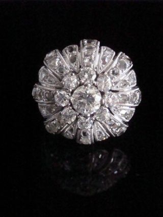 Edwardian French 18ct White Gold Natural Old Cut & Rose Cut Diamond Bombe Ring