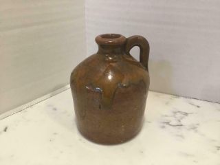 Sm Antique Redware Pottery Whiskey Jug / Flask,  Drip Brown Glaze,  Wheel Thrown