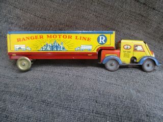 Vintage 1940s - 1950s Ranger Motor Line Wind Up Tin Toy Truck & Trailer