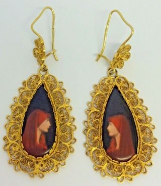 Antique Spanish 18k Gold Filigree Portrait Miniature Earrings 10g