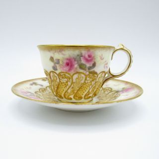 Antique Stunning Roses Cup And Saucer With Raised Gold Scroll Work