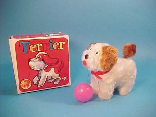 Terrier Dog Playing W/ Ball Wind Up Toy (red Box) Boxed Korea Ca 1970 