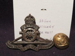 Royal Artillery Wwii/pre - Wwii Darkened Bronze Cap Badge & Brass Button