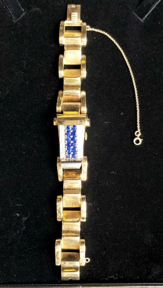 Art Deco 14k Gold Diamond & Sapphire Bracelet Watch Weighs 70 Grams Total Weight