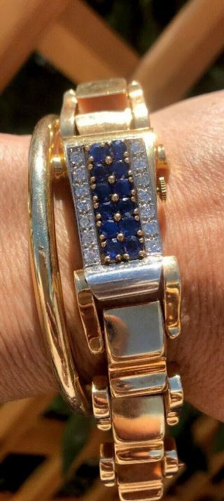 Art Deco 14k Gold Diamond & Sapphire Bracelet Watch Weighs 70 Grams Total Weight 5