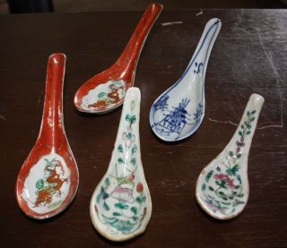5 Vintage Oriental Chinese Ceramic Soup Spoon Here In Hawaii