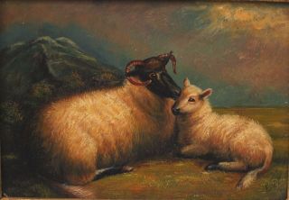 Antique 19thC Scottish Blackface Sheep Landscape Oil Painting & Gold Gilt Frame 3
