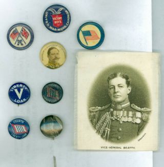 8 Vintage 1917 - 18 Wwi Homefront Political Cause Pinback Buttons & Cigarette Silk