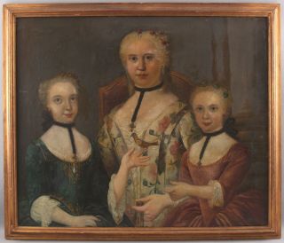 Antique 18thC American Folk Art Portrait Oil Painting,  Mother,  Daughters & Bird 2