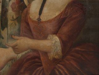 Antique 18thC American Folk Art Portrait Oil Painting,  Mother,  Daughters & Bird 7