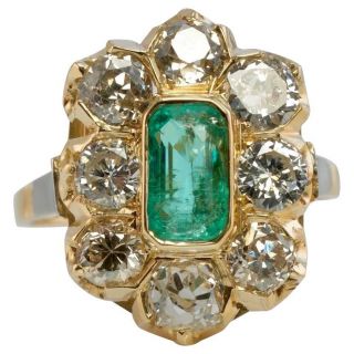 Colombian Emerald Diamond Ring Antique Vintage Old Mine 18k Yellow Gold