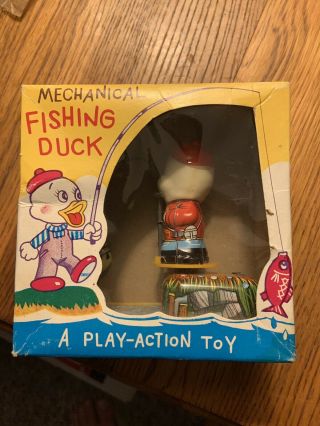 Vintage Mechanical Fishing Duck Wind Up Tin Toy Made In Japan
