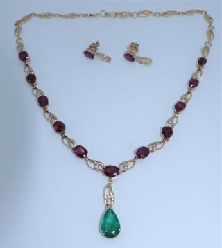 Natural 24ct Emerald Diamond Ruby 14k Solid 13k Gold Vintage Necklace Scrap? N/r