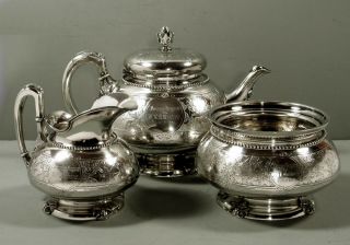 Tiffany Sterling Silver Tea Set C1870 Moorish - Ivy 71 Oz.