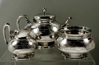 Tiffany Sterling Silver Tea Set c1870 Moorish - Ivy 71 Oz. 3