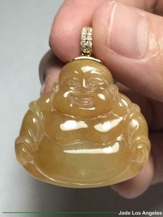 Happy Buddha Rich Yellow Jadeite Jade Pendant with 18K Yellow Gold Diamond Bail 2