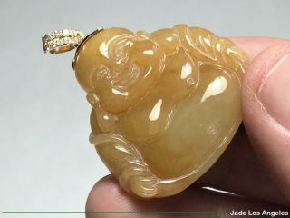 Happy Buddha Rich Yellow Jadeite Jade Pendant with 18K Yellow Gold Diamond Bail 3