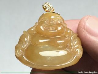 Happy Buddha Rich Yellow Jadeite Jade Pendant with 18K Yellow Gold Diamond Bail 4