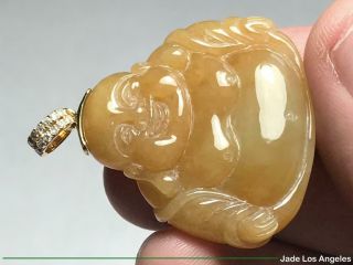 Happy Buddha Rich Yellow Jadeite Jade Pendant with 18K Yellow Gold Diamond Bail 5