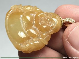 Happy Buddha Rich Yellow Jadeite Jade Pendant with 18K Yellow Gold Diamond Bail 6