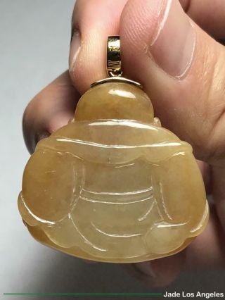 Happy Buddha Rich Yellow Jadeite Jade Pendant with 18K Yellow Gold Diamond Bail 8