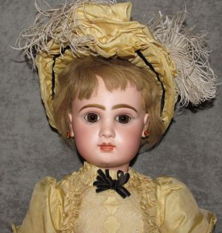 27 " Tete Jumeau Closed Mouth Antique Couturier Dress Signed Shoes Spiral Eyes