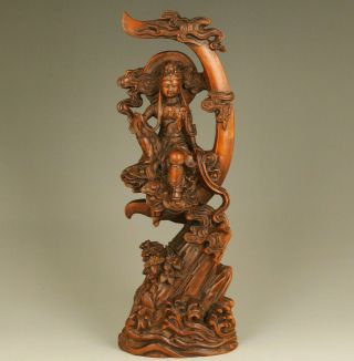 Antiques Old Boxwood Kwan - Yin God On Moon Statue Figue Netsuke Gift Home Deco