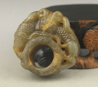 Old Chinese Natural Jade Hand - Carved Statue Of Chinese Dragon Ring