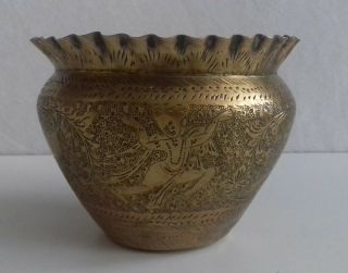 Antique Indo Persian Brass Hand Engraved Flower Pot Planter Jardiniere Scalloped