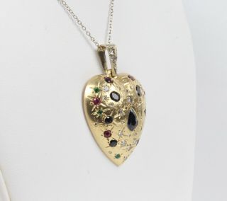 Large Vintage Sapphire Ruby Emerald and Diamond 14K Gold Heart Pendant 6